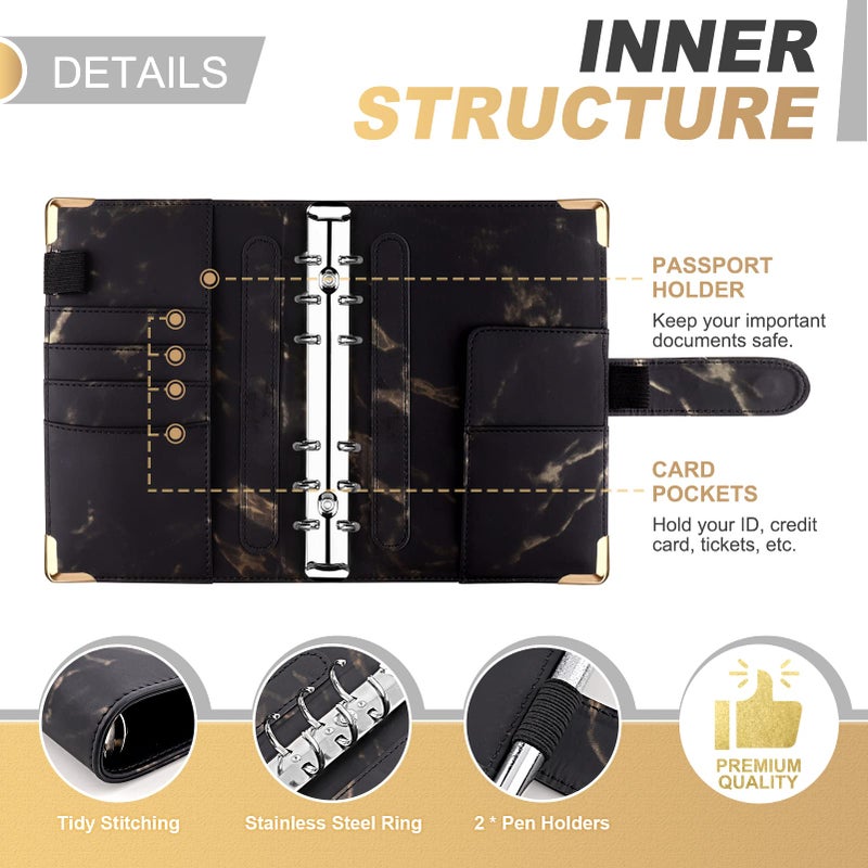 Onlyesh Budget Binder, Cash Envelopes for Budgeting, Money Organizer for Cash, 28Pcs Budget Binder with Cash Envelopes, Marble 6-Ring Money Saving Binder(Black) - Image 3