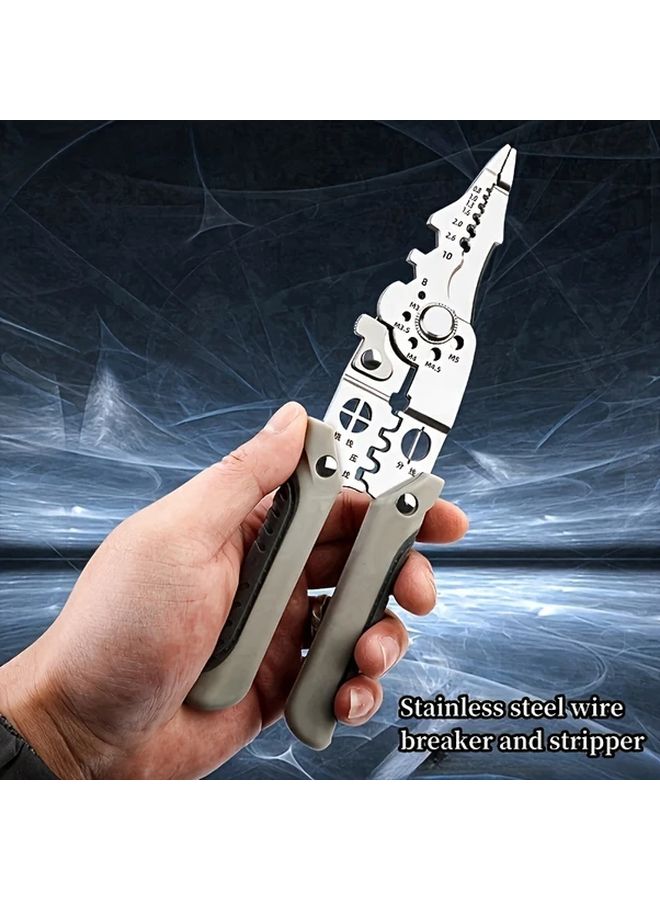 1 Pc Multi Functional Stainless Steel Broken Wire Stripping Pliers 8 5In Industrial Grade Electrical Pliers For Wiring Cutting Stripping Crimping Gripping Twisting Nail Pulling Metal Construction For Electricians And Home Use