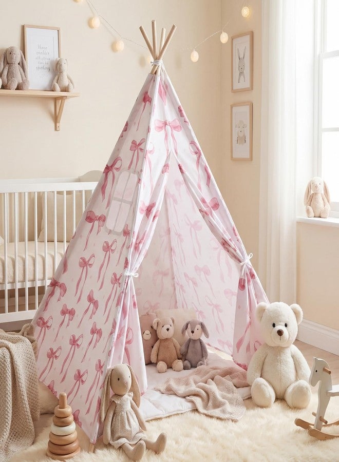 Silipull Pink Bow Teepee Tent Indoor Play Tent Coquette Playhouse Foldable Teepee for Indoor Reading Nook Room Decor - Image 1