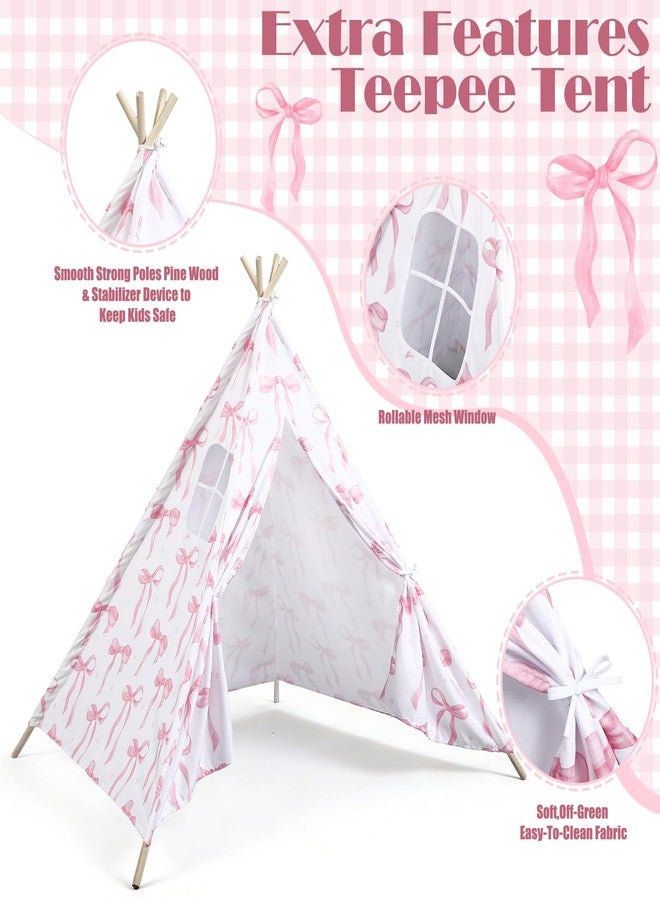 Silipull Pink Bow Teepee Tent Indoor Play Tent Coquette Playhouse Foldable Teepee for Indoor Reading Nook Room Decor - Image 2