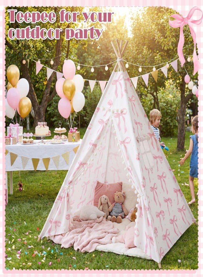 Silipull Pink Bow Teepee Tent Indoor Play Tent Coquette Playhouse Foldable Teepee for Indoor Reading Nook Room Decor - Image 4