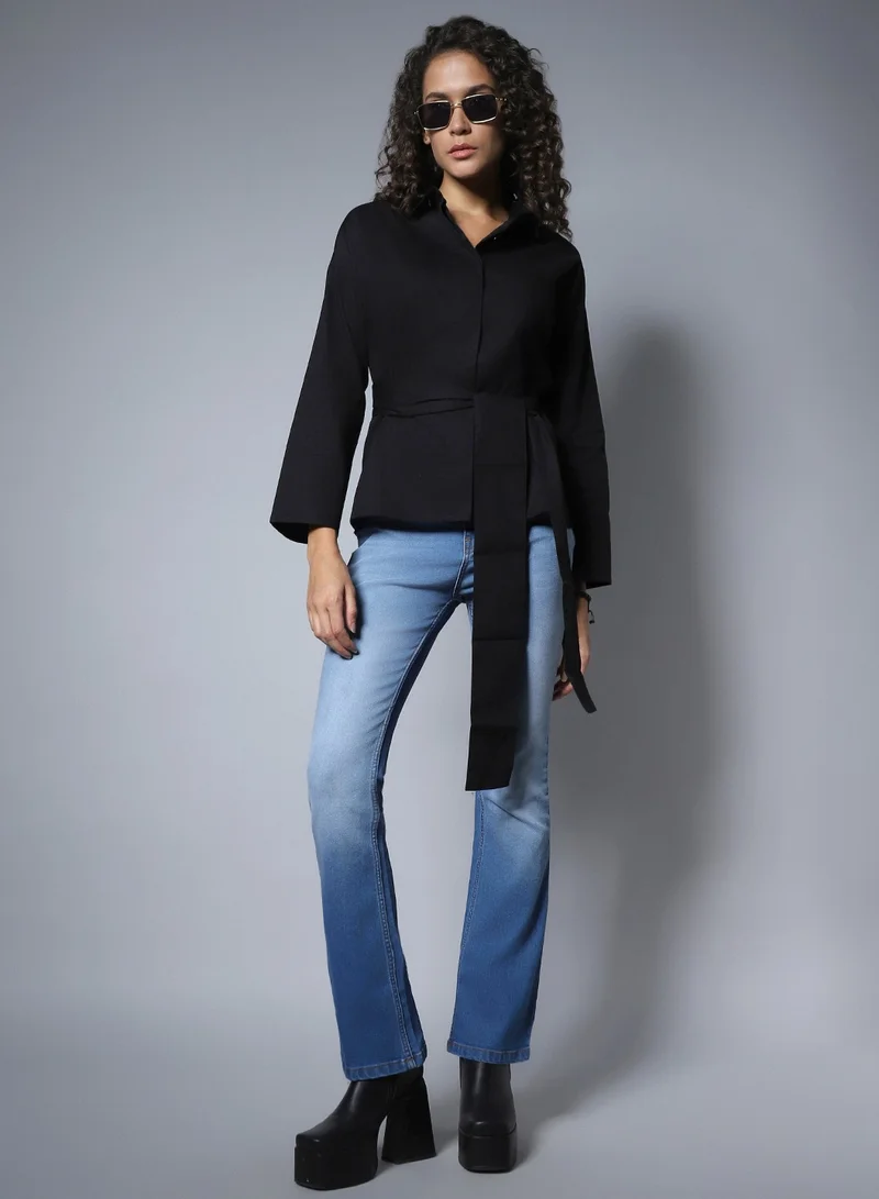 HIGH STAR Solid Cotton Spread Collar Boxy Regular Shirt for Women