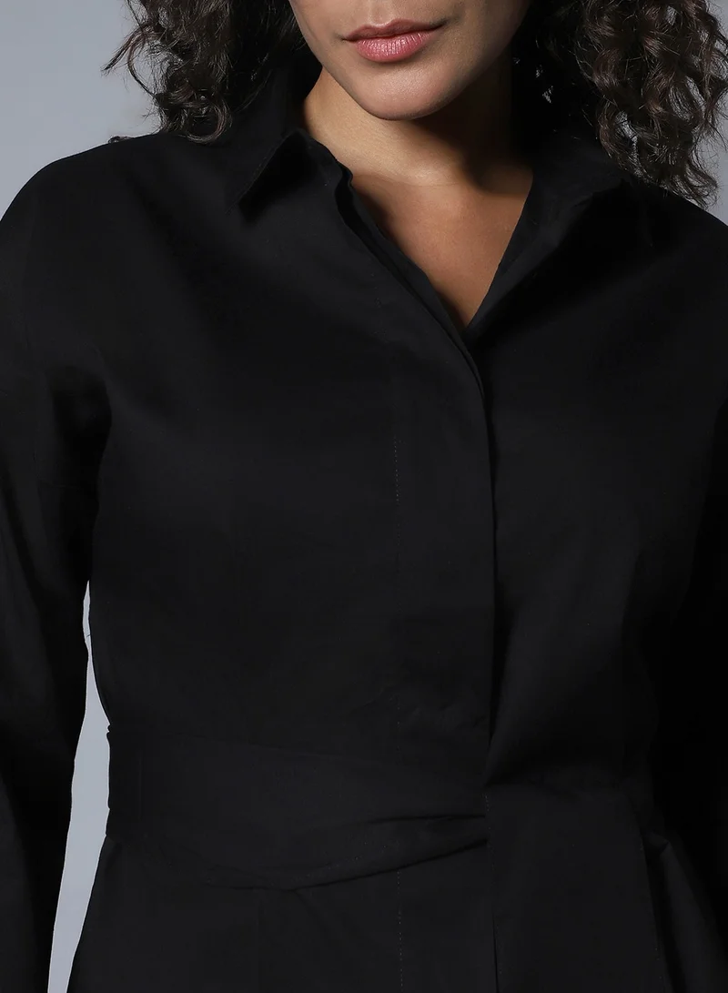 HIGH STAR Solid Cotton Spread Collar Boxy Regular Shirt for Women