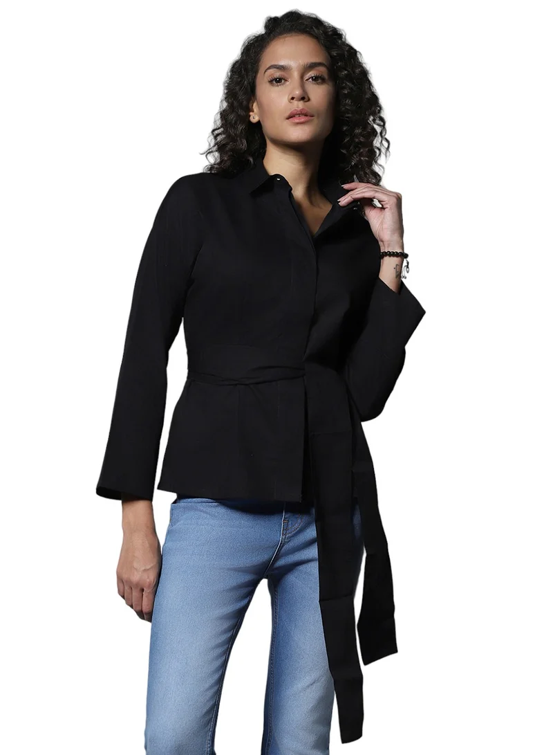 HIGH STAR Solid Cotton Spread Collar Boxy Regular Shirt for Women
