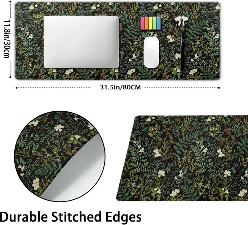 aportt Black Aesthetic Vintage Botanical Gaming Mouse Pad XL Cute Forest Green Plant Nature Floral Extended Large Big Mousepad Non-Slip Stitched Edge Long Mat for Desk Office Computer,31.5×11.8 in - Image 2
