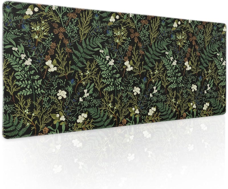aportt Black Aesthetic Vintage Botanical Gaming Mouse Pad XL Cute Forest Green Plant Nature Floral Extended Large Big Mousepad Non-Slip Stitched Edge Long Mat for Desk Office Computer,31.5×11.8 in - Image 1