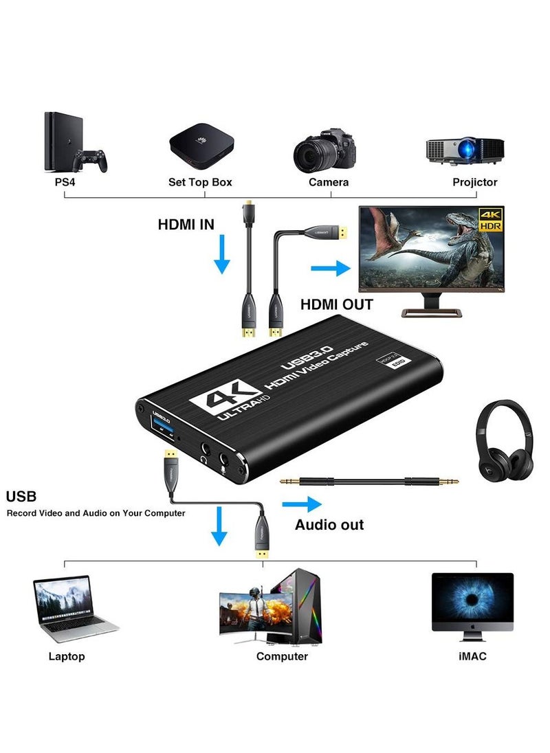 KASTWAVE Audio Video Capture Card, HDMI USB3.0 4K 1080P 60fps Reliable Portable Video Converter for Game Streaming Live Broadcasts Video Recording Black  - Image 3