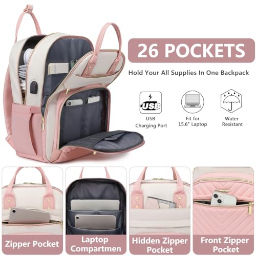 bagswan Backpack for Women Laptop Bag Work Travel Backpacks Fits 17 inch Computer Waterproof College Bookbag with USB Charger Antitheft Business Casual Backpack Purse for Nurse Teacher Beige Pink - Image 3