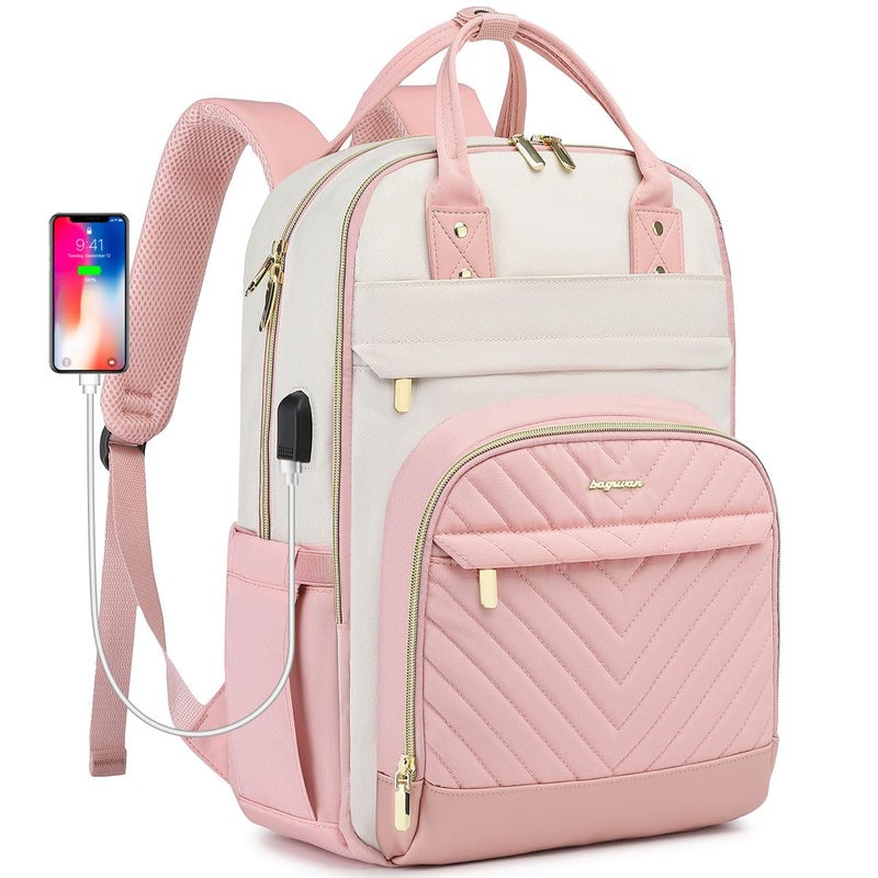 bagswan Backpack for Women Laptop Bag Work Travel Backpacks Fits 17 inch Computer Waterproof College Bookbag with USB Charger Antitheft Business Casual Backpack Purse for Nurse Teacher Beige Pink - Image 2