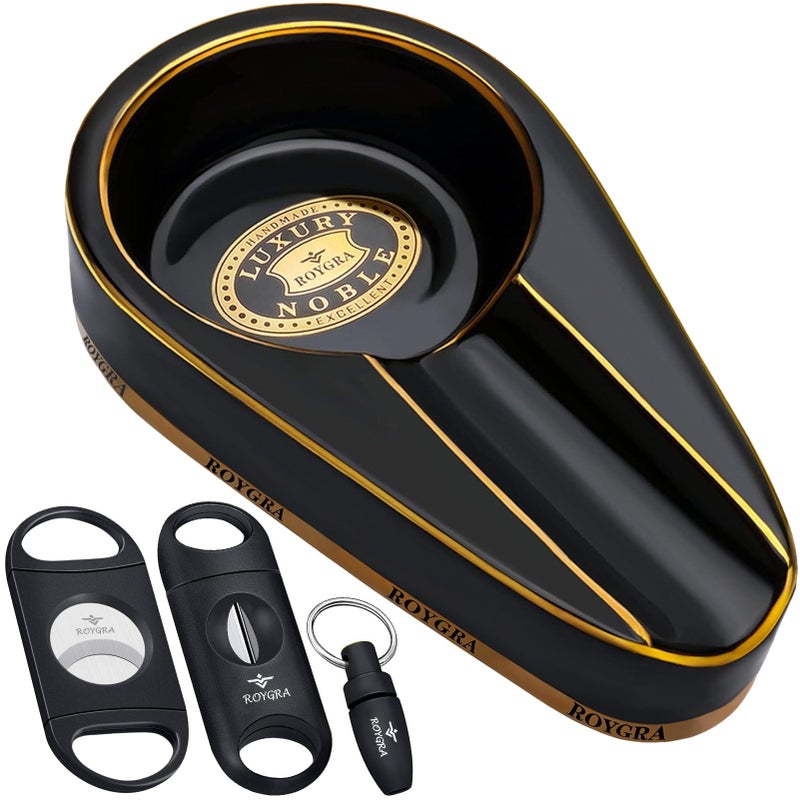 roygra Ceramic Ash Tray, Cigar Ashtray for Outside Patio with 3 Cutter, Outdoor Ashtray, Ashtrays for Outdoors with Holder, Cigars Smoking Accessories for Men, Home DÃ©cor, Ashtrays for Smokers Indoor - Image 1