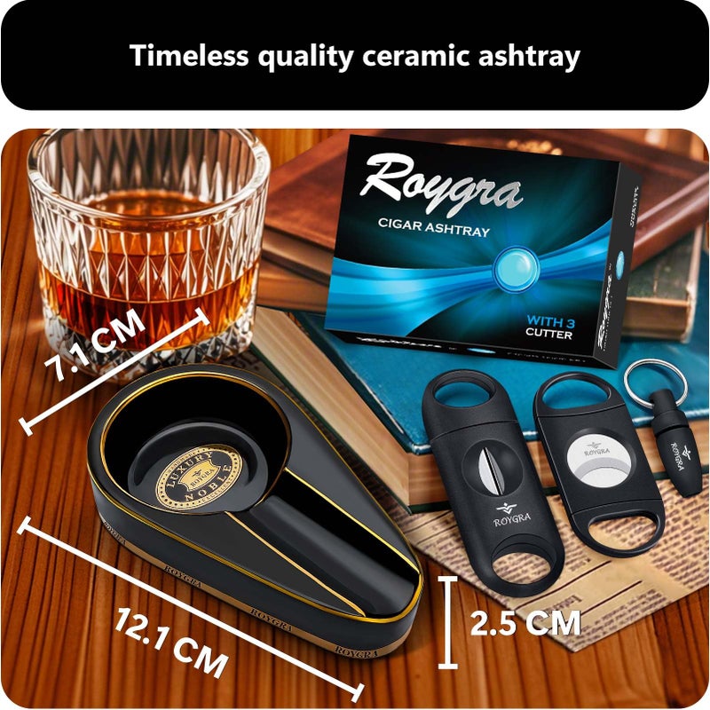 roygra Ceramic Ash Tray, Cigar Ashtray for Outside Patio with 3 Cutter, Outdoor Ashtray, Ashtrays for Outdoors with Holder, Cigars Smoking Accessories for Men, Home DÃ©cor, Ashtrays for Smokers Indoor - Image 2