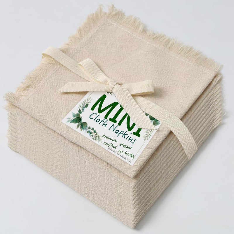 Urby Eco Hanky 10x10in Reusable Cotton Napkins (Rustic Fringe). Small Cloth Napkins. Ideal Use As Kids Napkins for Lunch.Dinners.Occasions Like Weddings Birthday Cocktail Parties. (NAT 12pk). - Image 1