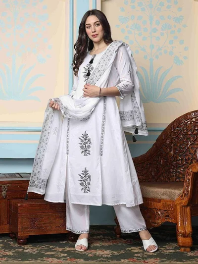 ISHIN ISHIN Women White Pure Cotton Kurta with Pants and Dupatta Set
