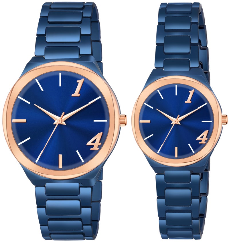 Acnos Stainless Steel Branded Uniq Blue Colours Dial Ring Case Gift Watch Analog Combo Couple Watches Men Women Watch Pack Of 2 Valentine's Day Special, Blue Band - Image 1