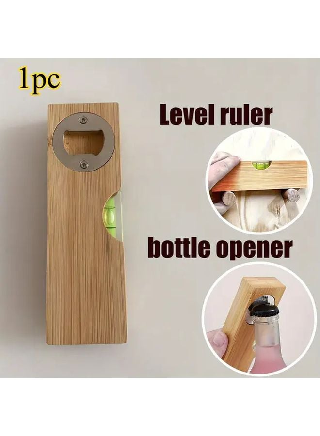 Solid Wood Level Ruler with Stainless Steel Bottle Opener Durable Multifunctional Tool - Image 1