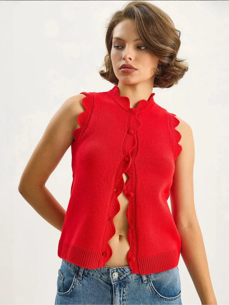 Bianco Lucci Red LUCCI Frilly Crew Neck Knit Waistcoat for Women | Best Price UAE