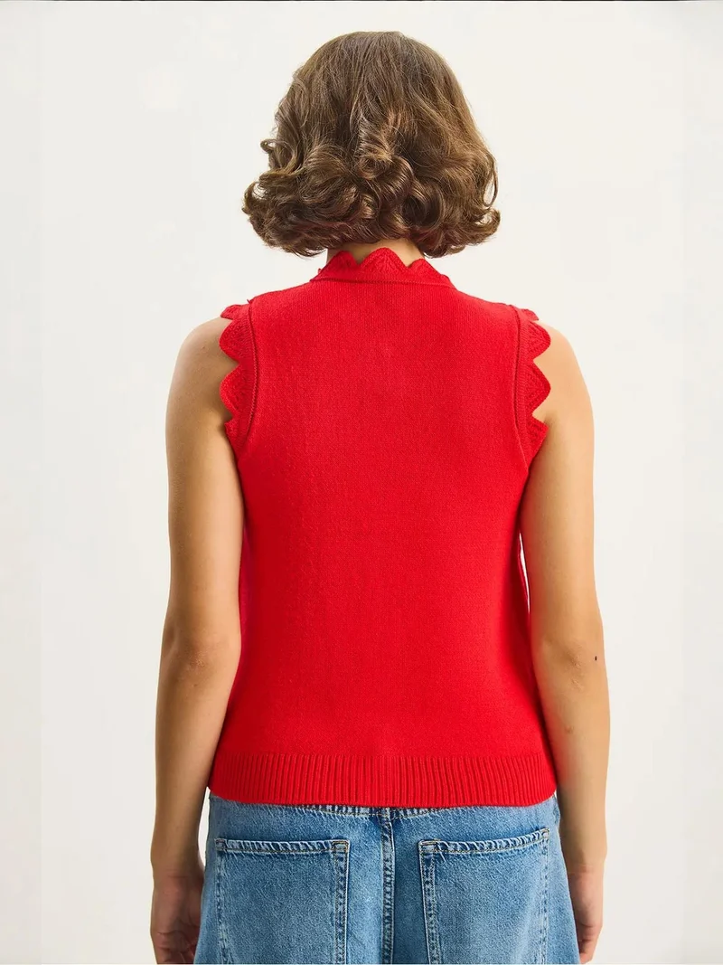 Bianco Lucci Red LUCCI Frilly Crew Neck Knit Waistcoat for Women | Best Price UAE