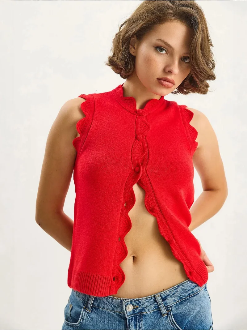 Bianco Lucci Red LUCCI Frilly Crew Neck Knit Waistcoat for Women | Best Price UAE
