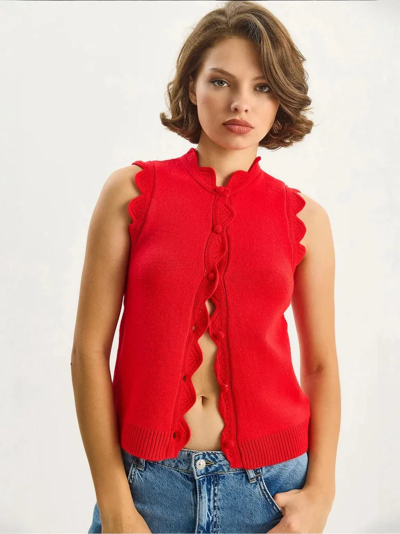 Bianco Lucci Red LUCCI Frilly Crew Neck Knit Waistcoat for Women | Best Price UAE