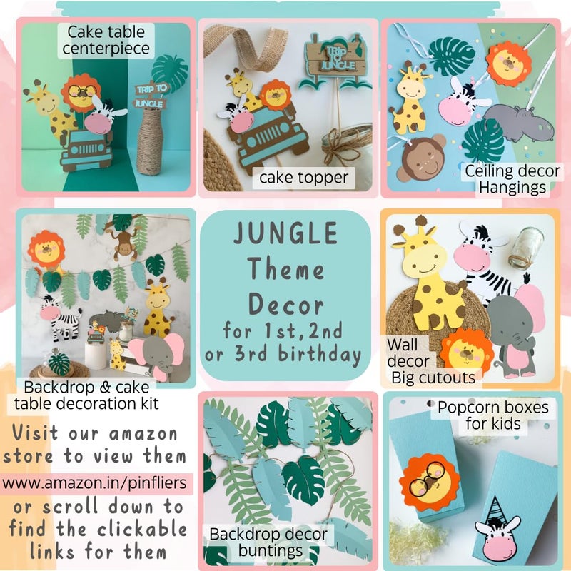 Pinfliers Jungle Theme Paper Birthday Decoration SetCake Topper Birthday Hanging Swirls Animal Cutouts for Jungle Theme Leaf Garland Decoration Happy Birthday Decoration Kit A Kit of 19 pieces - Image 2