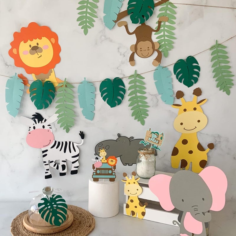 Pinfliers Jungle Theme Paper Birthday Decoration SetCake Topper Birthday Hanging Swirls Animal Cutouts for Jungle Theme Leaf Garland Decoration Happy Birthday Decoration Kit A Kit of 19 pieces - Image 1