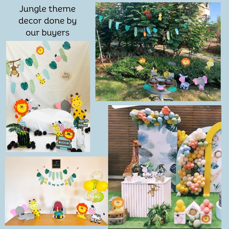 Pinfliers Jungle Theme Paper Birthday Decoration SetCake Topper Birthday Hanging Swirls Animal Cutouts for Jungle Theme Leaf Garland Decoration Happy Birthday Decoration Kit A Kit of 19 pieces - Image 3
