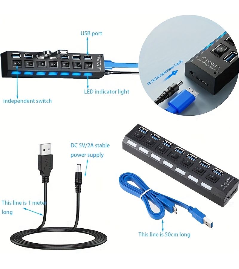 7 Port USB 3.0 Hub Extender With 2A Power Cord And Switches 3 Piece Set - Image 4