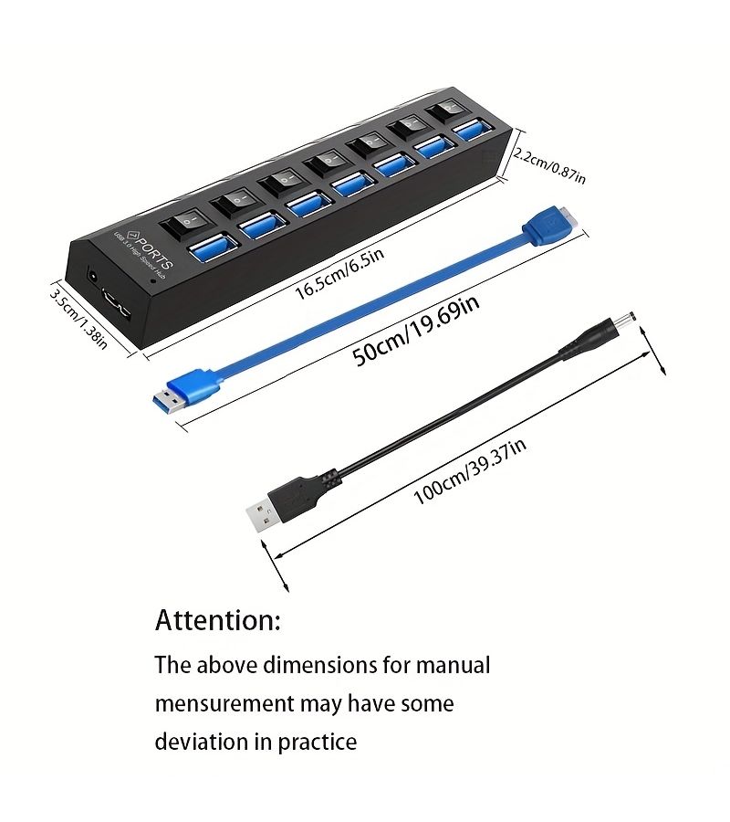 7 Port USB 3.0 Hub Extender With 2A Power Cord And Switches 3 Piece Set - Image 2