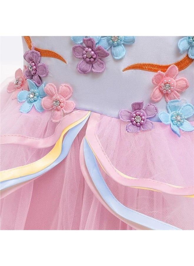 We Happy - Girls Floral Unicorn Costume Princess Rainbow Party Dress Wedding Birthday Carnival Long Maxi Gown - Image 1