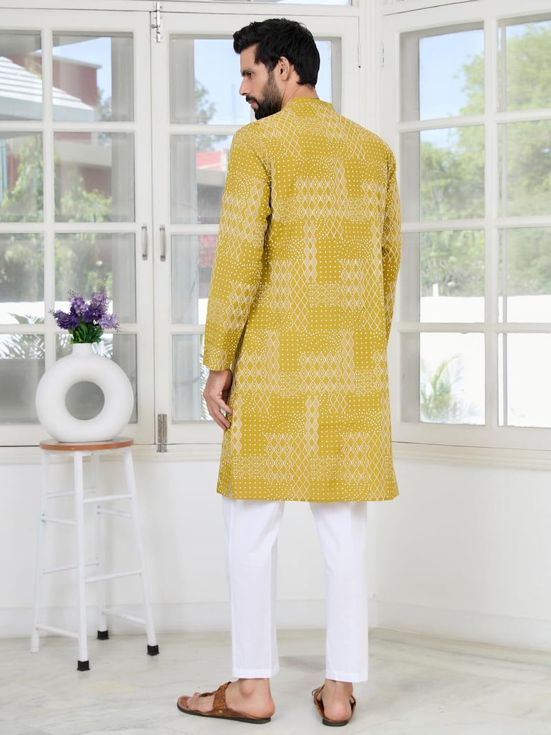 See Designs Men's Full Sleeve Mandarin Collar Mustard Embossed Printed and Foil Printed Straight Long Kurta - Festive Collection | - SDKT2921XL - Image 4