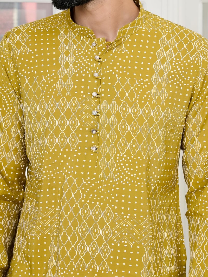 See Designs Men's Full Sleeve Mandarin Collar Mustard Embossed Printed and Foil Printed Straight Long Kurta - Festive Collection | - SDKT2921XL - Image 2
