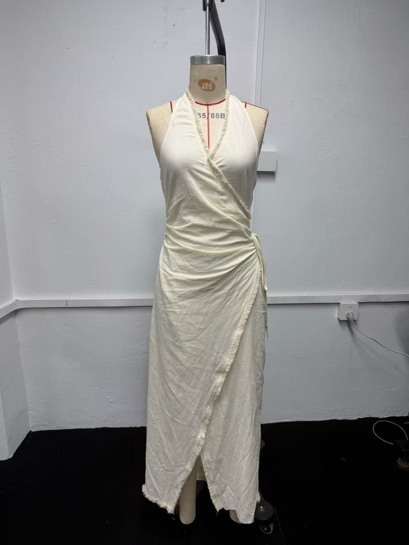 Elegant Bohemian Floral Deep V-Neck Halter Crossbody Maxi Dress for Women - Off-White