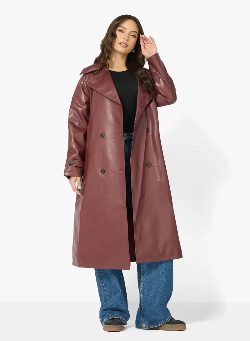 Ginger PU Leather Trench Jacket with Belt