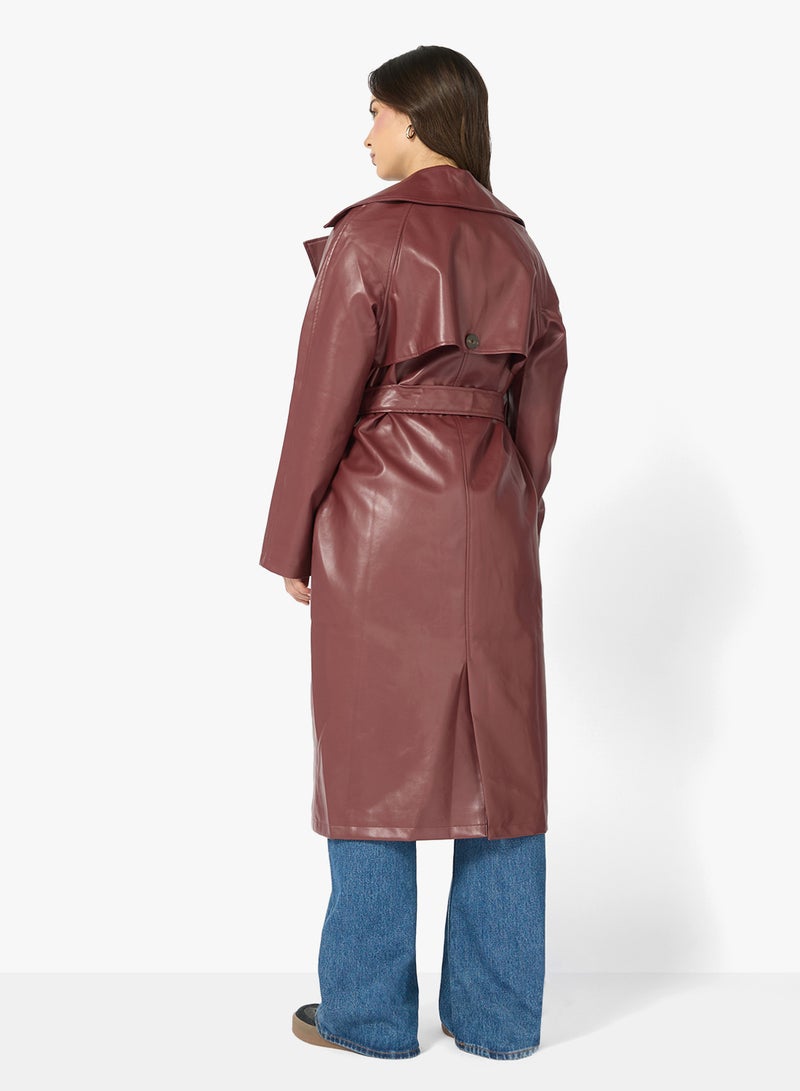 Ginger PU Leather Trench Jacket with Belt - Image 2
