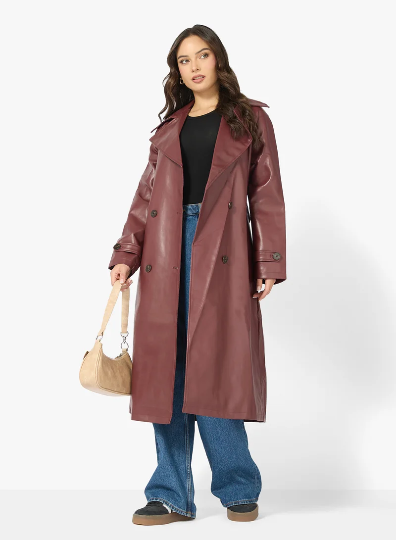Ginger PU Leather Trench Jacket with Belt