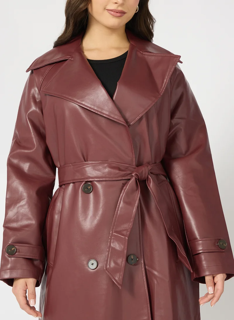 Ginger PU Leather Trench Jacket with Belt