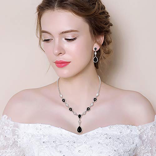 EleQueen Women's Cubic Zirconia Teardrop Y-Necklaces Dangle Earrings Sets for Brides Bridesmaids Black Silver-Tone - Image 2