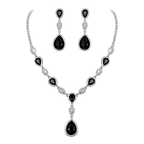 EleQueen Women's Cubic Zirconia Teardrop Y-Necklaces Dangle Earrings Sets for Brides Bridesmaids Black Silver-Tone - Image 1