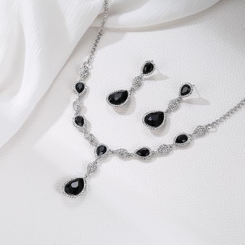 EleQueen Women's Cubic Zirconia Teardrop Y-Necklaces Dangle Earrings Sets for Brides Bridesmaids Black Silver-Tone - Image 4
