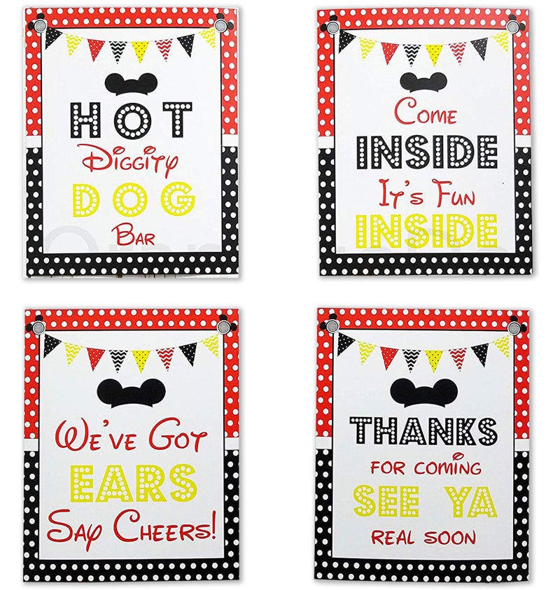 اورانج دولي مجموعة علامة Mickey Party من 4-8 × 10 بوصة Mickey Mouse Party Supplies علامة عيد ميلاد مطبوعة في Stock Card | ميكي ماوس كلوب هاوس مستوحاة من علامات الباب | ملصقات الطعام ديزني تسجيل ديكور بار الكلاب - Image 1