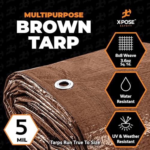 xpose safety Multipurpose Protective Cover Brown Poly Tarp 5' x 7' - Durable, Water Resistant, Weather Resistant - 5 Mil Thick Polyethylene - by Xpose Safety - Image 2