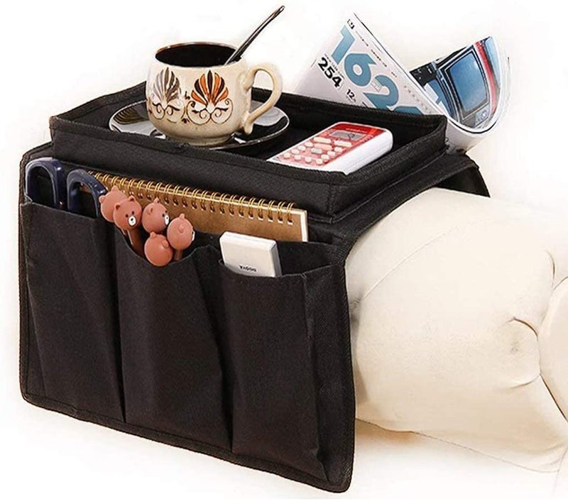 GLITZEN Sofa Armrest Hanging Storage Bag Organizer with 5 Pockets Chair NonSlip Armchair Caddy for Recliner Remote Holder TV Control Cell Phone with Trays for Tea Coffee Mugs - Image 1