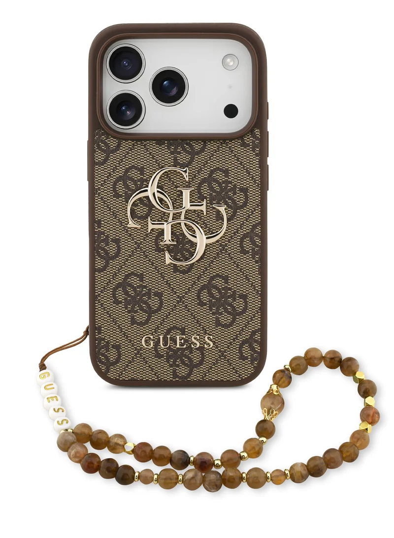Guess iPhone 18 Pro Hard Phone Case with Wrist Strap and 4G Classic Logo, PU Leather Protective Cover