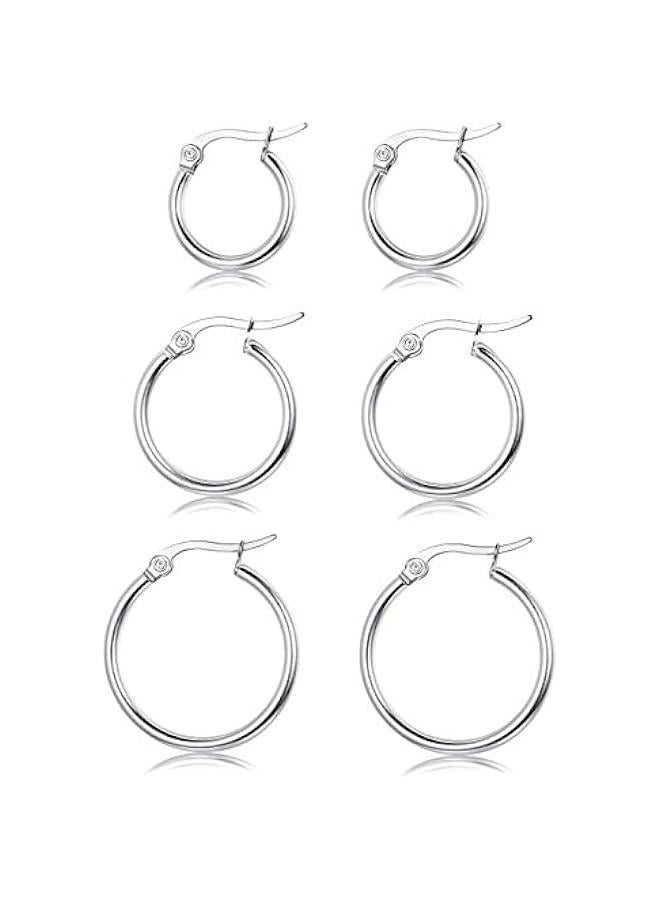 3 Pairs Sterling Silver Round Hoop Earring for Women Lightweight Click-Top Hoop Earring Hypoallergenic 10-20MM - Image 1