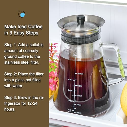 Aquach Airtight Cold Brew Coffee (Iced Tea) Maker 51oz/1.5L, BPA-Free, Durable Borosilicate Glass Pitcher and Stainless Steel Fine-Mesh Filter, Dishwasher Safe, Spill-proof, 6 Cups Capacity - Image 2