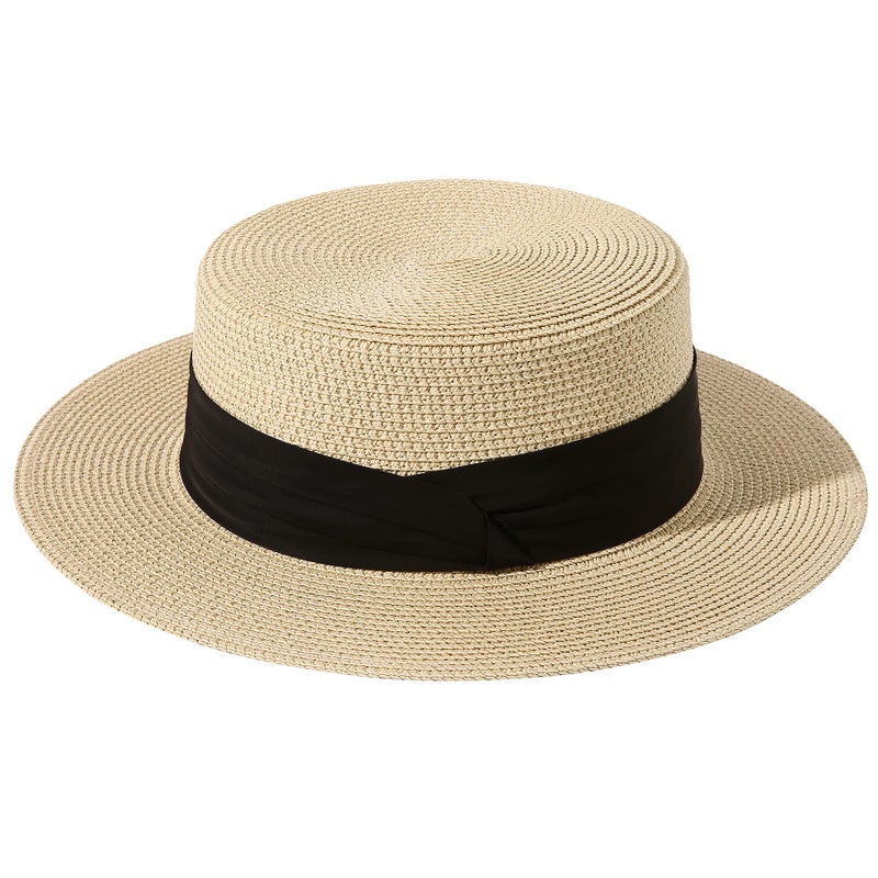 Lanzom Sun Hats for Women Wide Brim Straw Boater Hat Foldable Packable Beach Hat for Summer (Ivory White, Medium) - Image 2