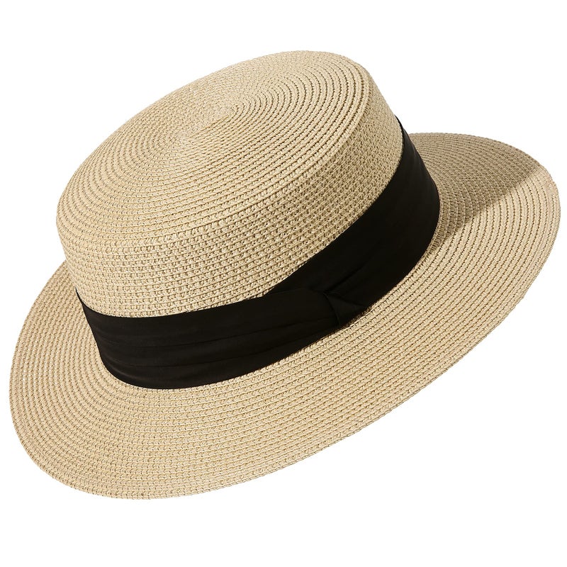 Lanzom Sun Hats for Women Wide Brim Straw Boater Hat Foldable Packable Beach Hat for Summer (Ivory White, Medium) - Image 1
