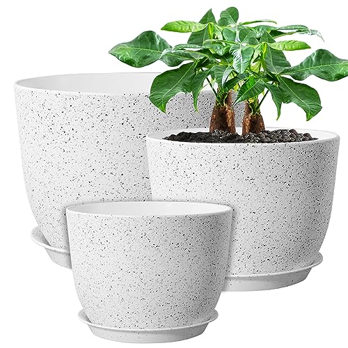 UOUZ 12/10/9 Large Modern Plant Pots, Plastic Planters with Drainage Holes and Saucers for Indoor Outdoor Plants Flowers, White Speckles - Image 1
