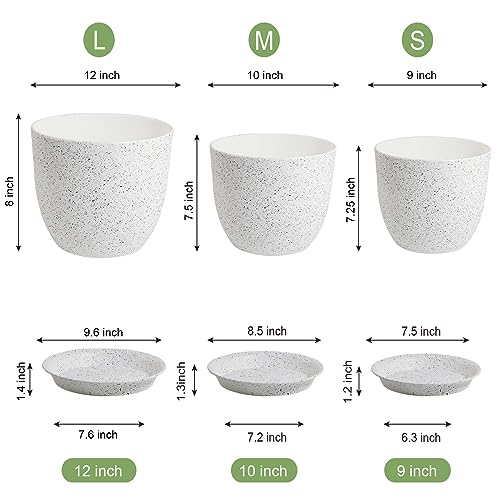 UOUZ 12/10/9 Large Modern Plant Pots, Plastic Planters with Drainage Holes and Saucers for Indoor Outdoor Plants Flowers, White Speckles - Image 2