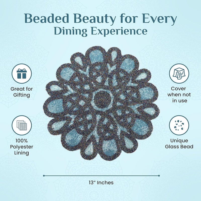 ALPHA Living HOME  Handmade Beaded Snowflake Placemat  Round Table Mat for Dining Kitchen Wedding Holiday Decor  Elegant Glass Beads NonSlip Backing  Christmas Events Deep Denim - Image 3